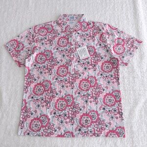 Leon Levin Women's Vintage Short Sleeved Polo Golf Sports Shirt, Pink Floral, M